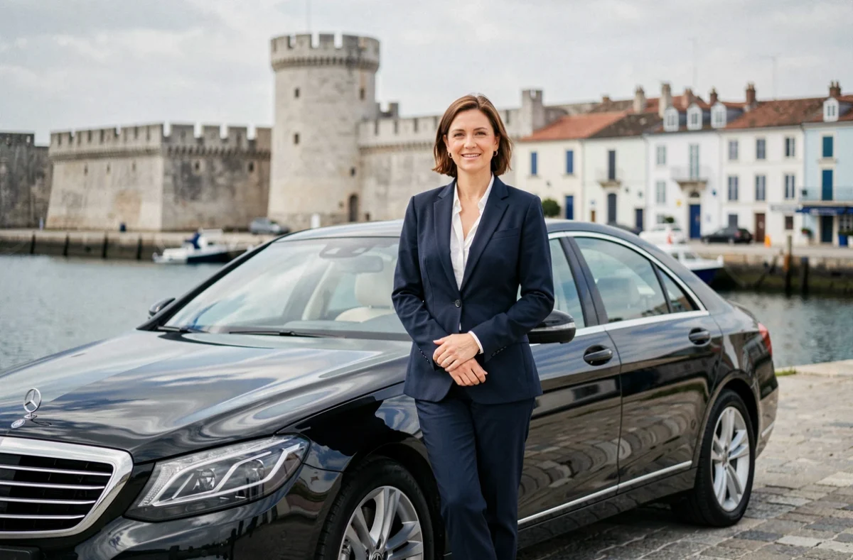 Chauffeuse VTC souriante à côté d'une berline noire dans le vieux port de La Rochelle, illustrant le service LR VTC By Marie