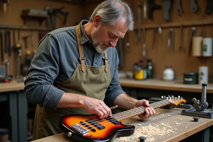 Luthier ajustant le truss rod d'une basse électronique sunburst dans un atelier de lutherie authentique