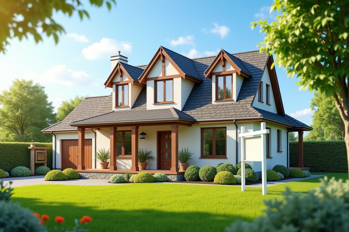 Maison à vendre avec jardin vert et ciel bleu