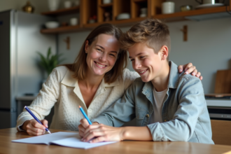 Femme et garçon souriants à la table de cuisine