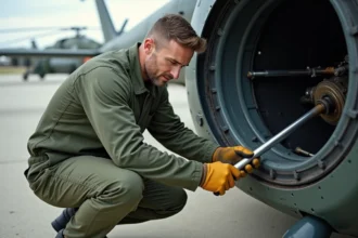 Mécanicien militaire en combinaison verte travaillant sur le moteur d'un hélicoptère de l'armée sur le tarmac d'une base aérienne