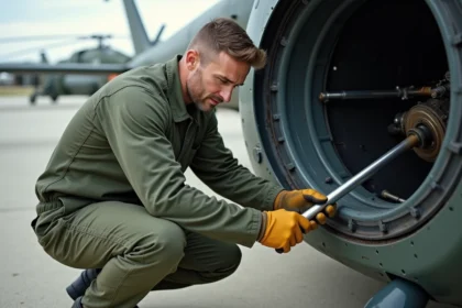 Mécanicien militaire en combinaison verte travaillant sur le moteur d'un hélicoptère de l'armée sur le tarmac d'une base aérienne