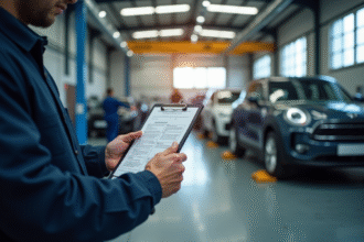 Mécanicien inspectant une voiture dans un atelier lumineux