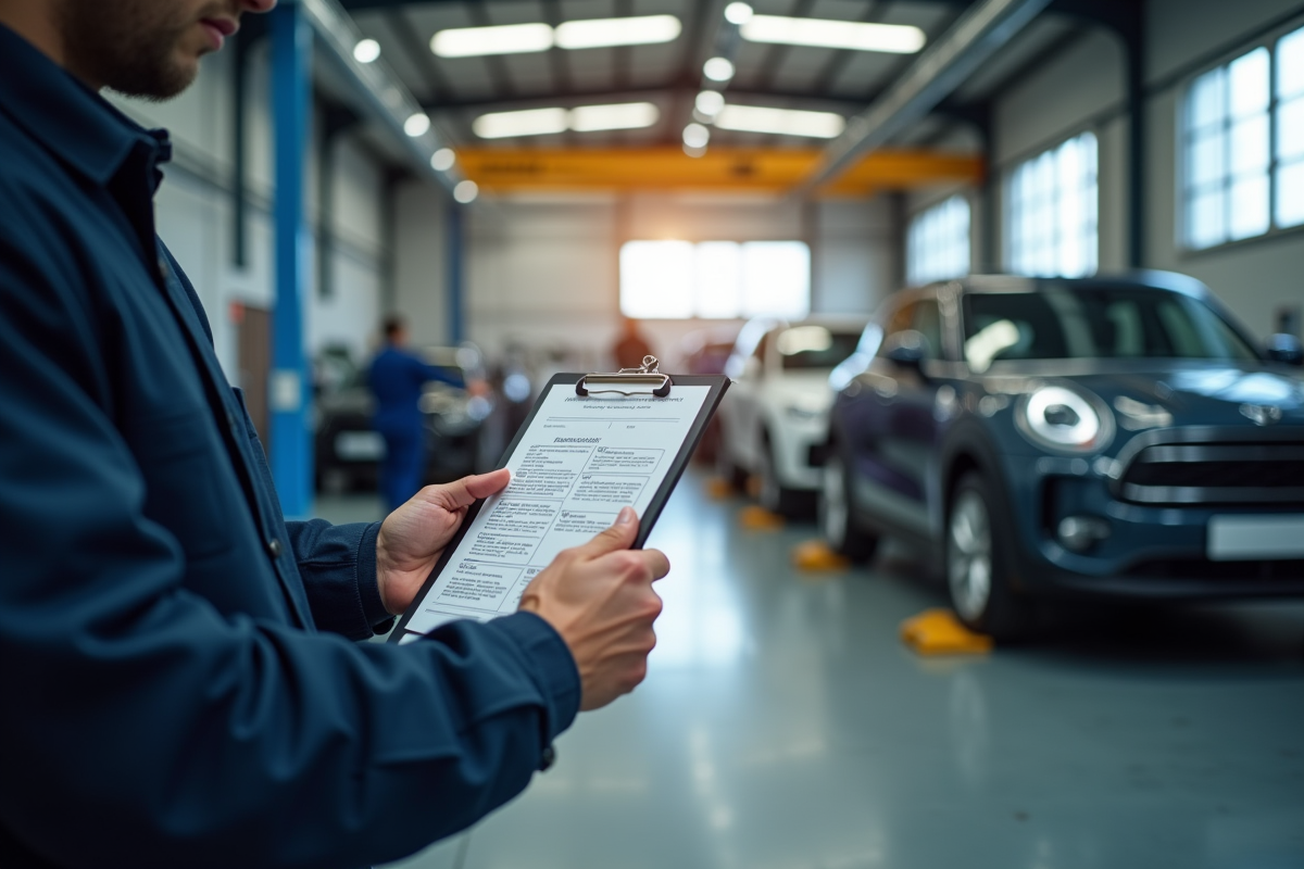 Mécanicien inspectant une voiture dans un atelier lumineux