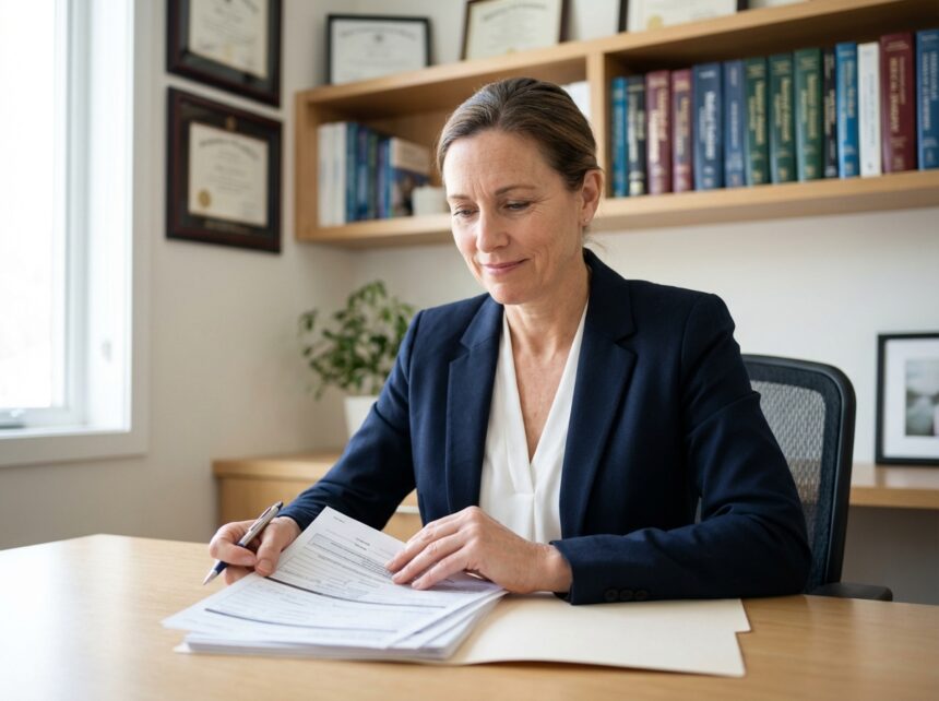 Médecin femme en costume navy dans un bureau moderne