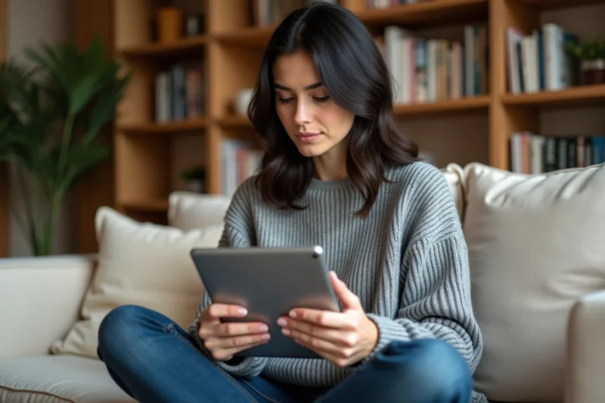 Femme utilisant une médiathèque numérique sur tablette depuis son canapé à la maison