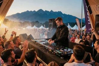 DJ professionnel sur scène lors d'un festival en Haute-Garonne avec la foule en train de danser