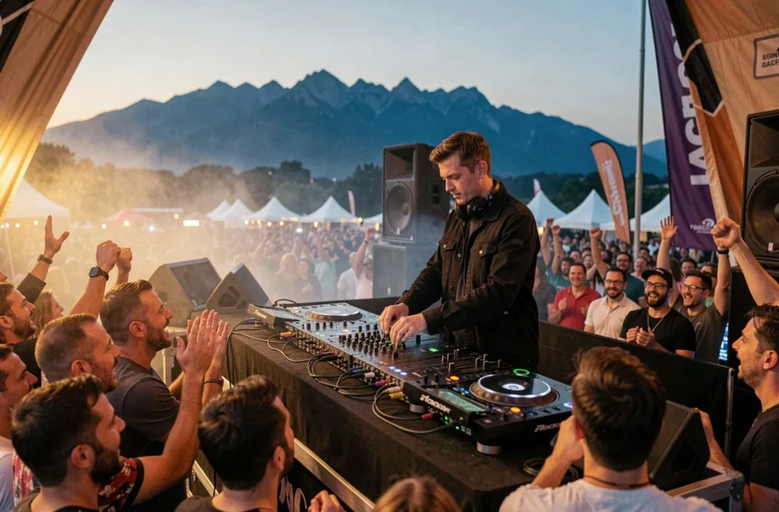 DJ professionnel sur scène lors d'un festival en Haute-Garonne avec la foule en train de danser
