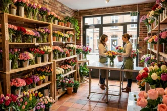 Intérieur d'une boutique fleuriste dans les Hauts-de-France avec de nombreux bouquets colorés et une fleuriste en tablier vert arrangeant des fleurs