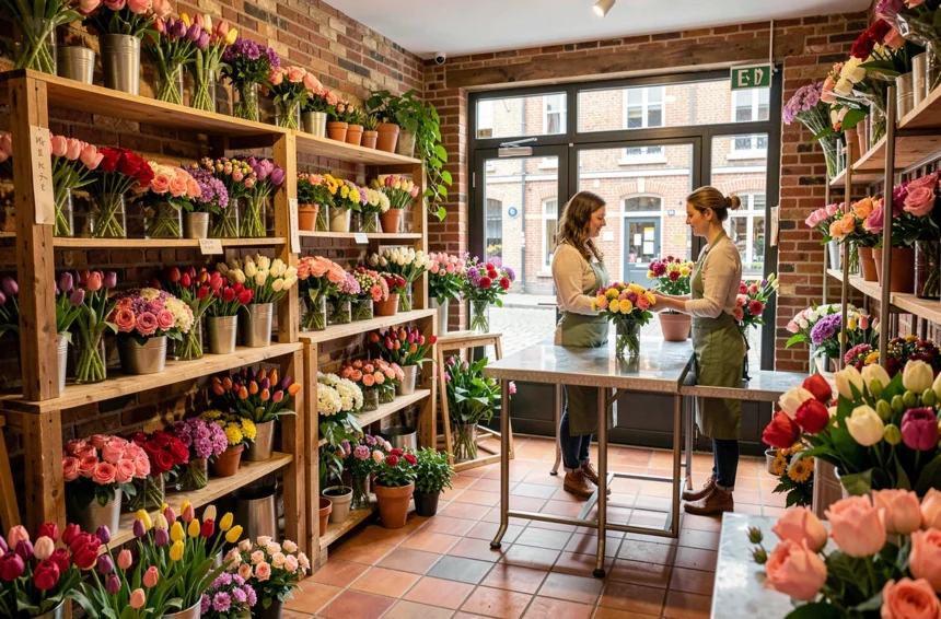 Intérieur d'une boutique fleuriste dans les Hauts-de-France avec de nombreux bouquets colorés et une fleuriste en tablier vert arrangeant des fleurs