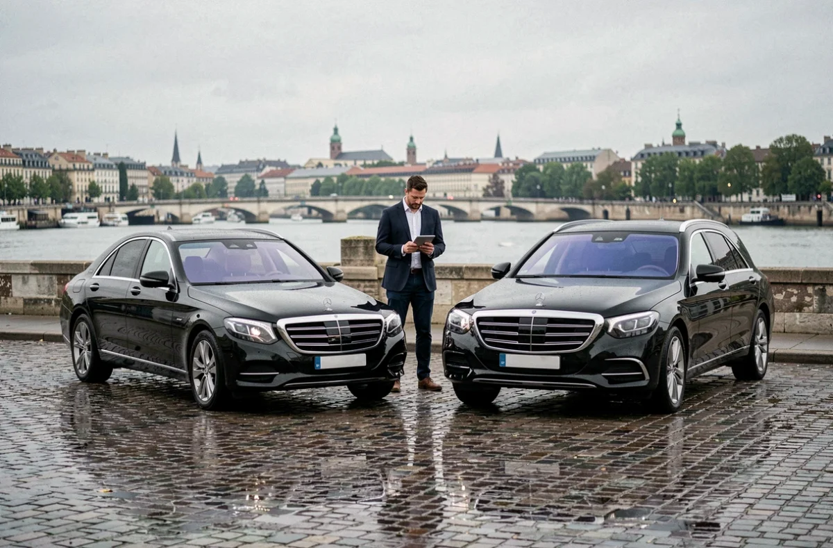 Flotte de véhicules VTC noirs alignés sur les quais de Bordeaux avec un chauffeur consultant une tablette, illustrant le service MS Private Cars multi-villes