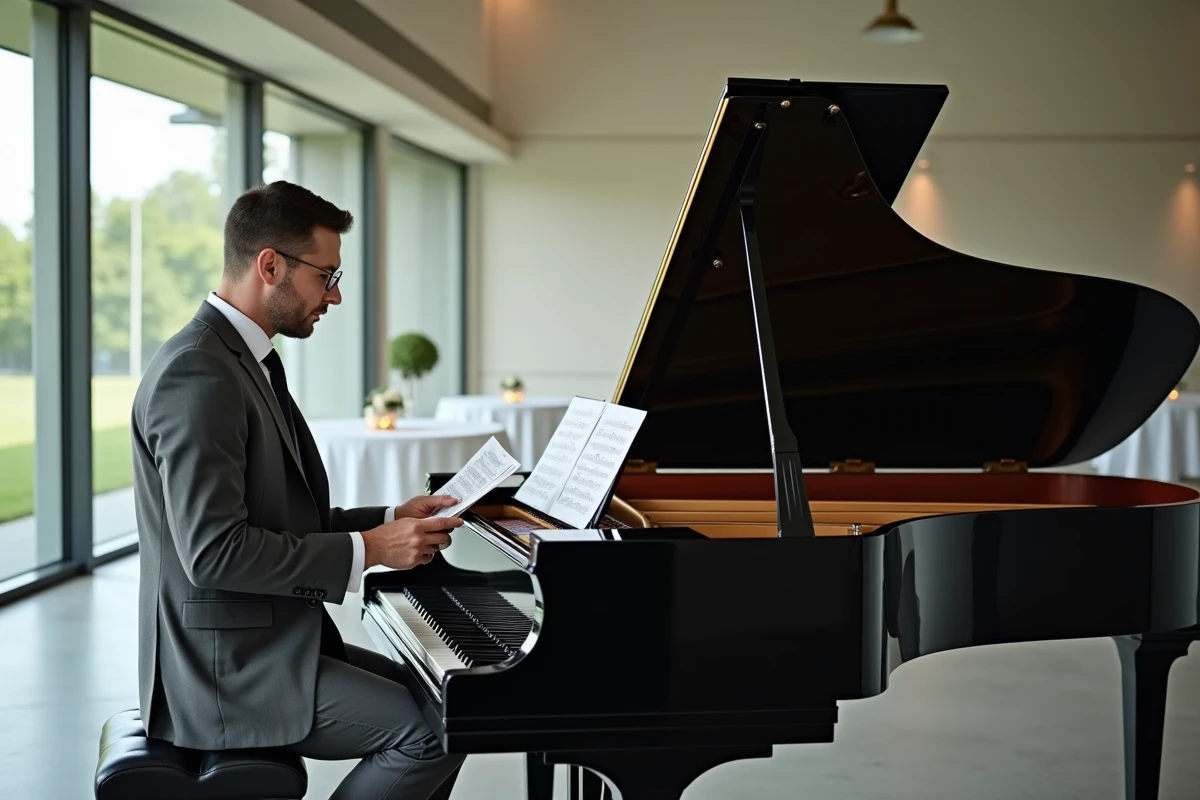 Musicien révisant la partition de Let It Be avant une cérémonie de mariage dans une salle moderne
