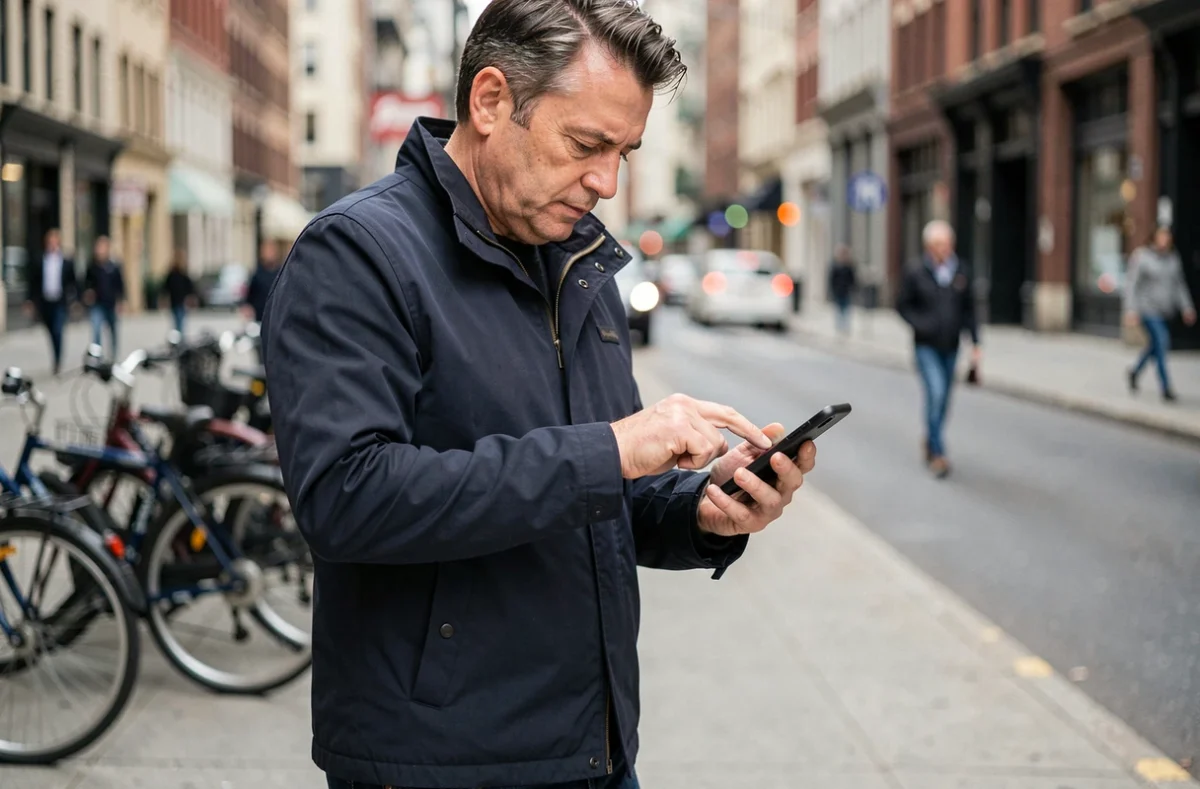 Homme accédant à une URL sur son téléphone mobile en pleine rue dans un contexte urbain