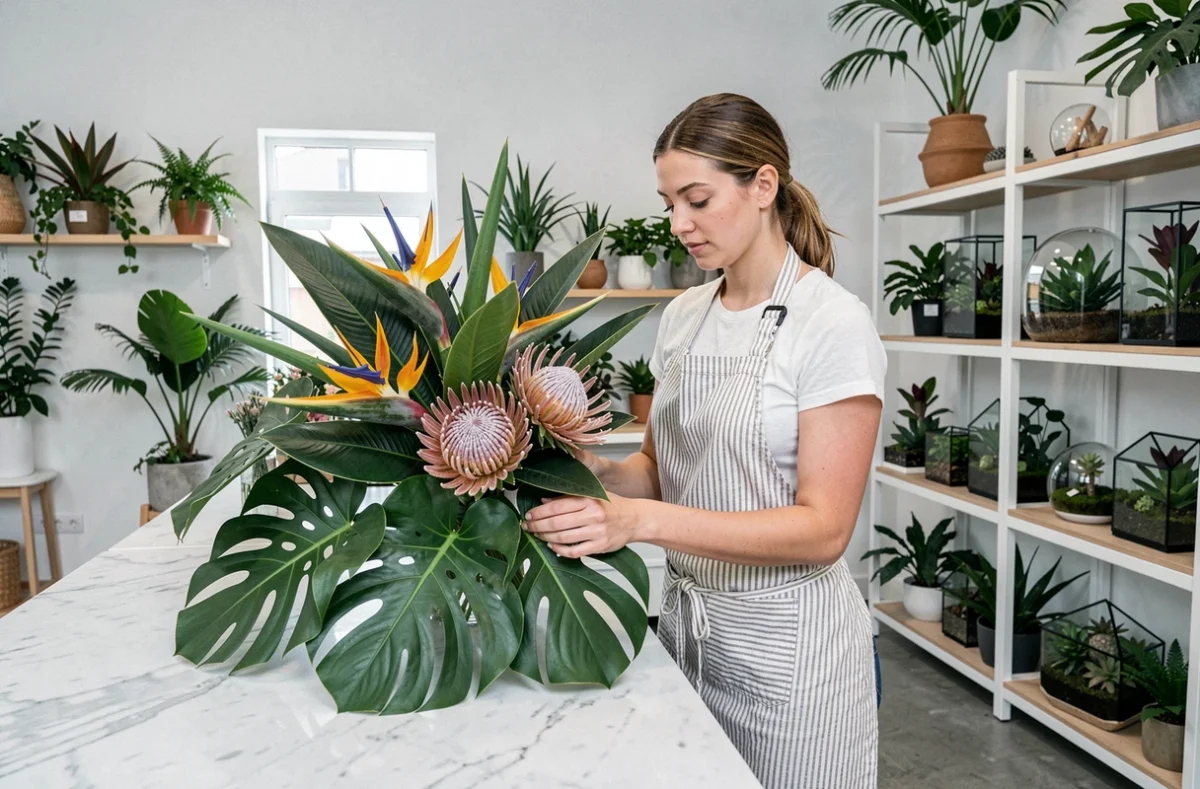 Fleuriste arrangeant un bouquet exotique de strelitzias et feuilles de monstera dans la boutique Noix de Coco Fleurs à Lambersart