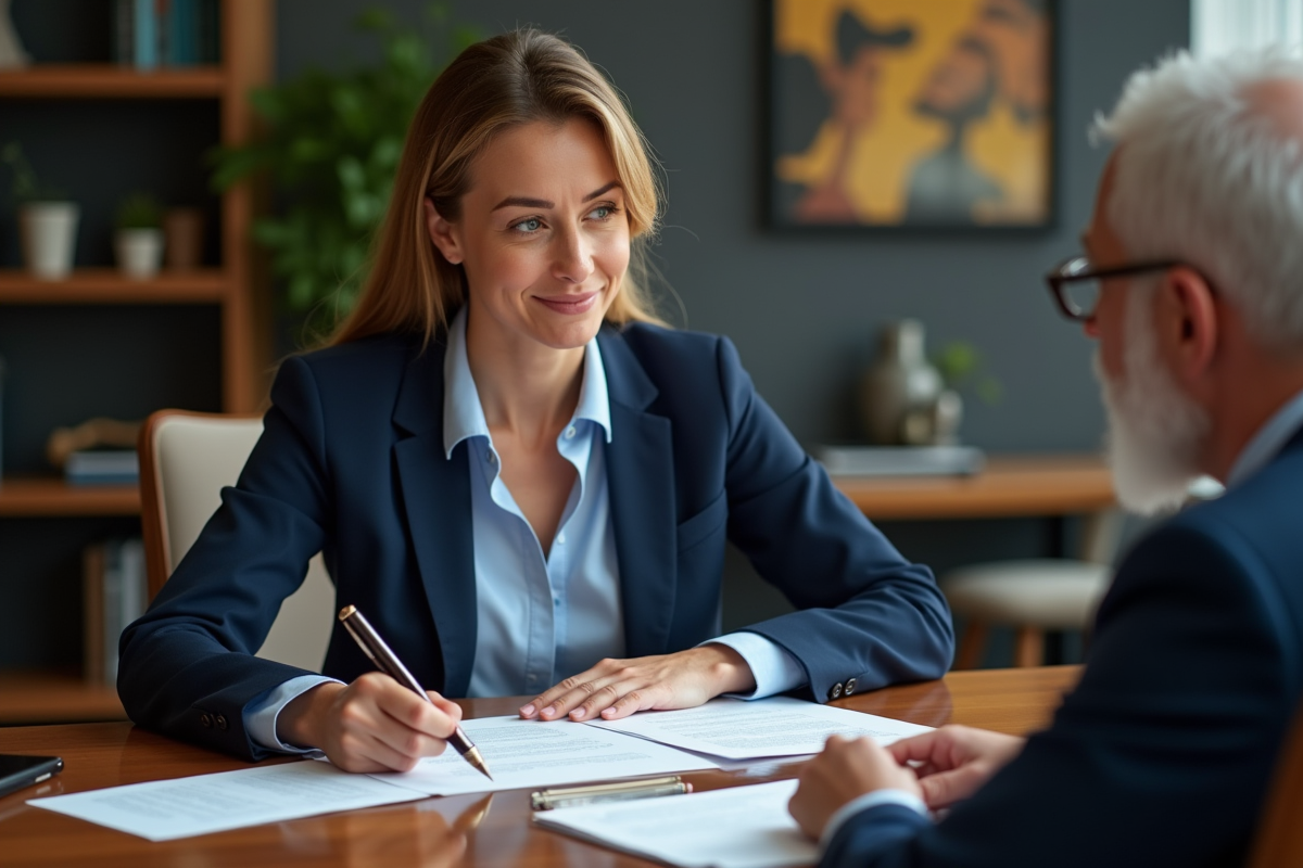Notaire femme en costume examinant des documents dans un bureau moderne
