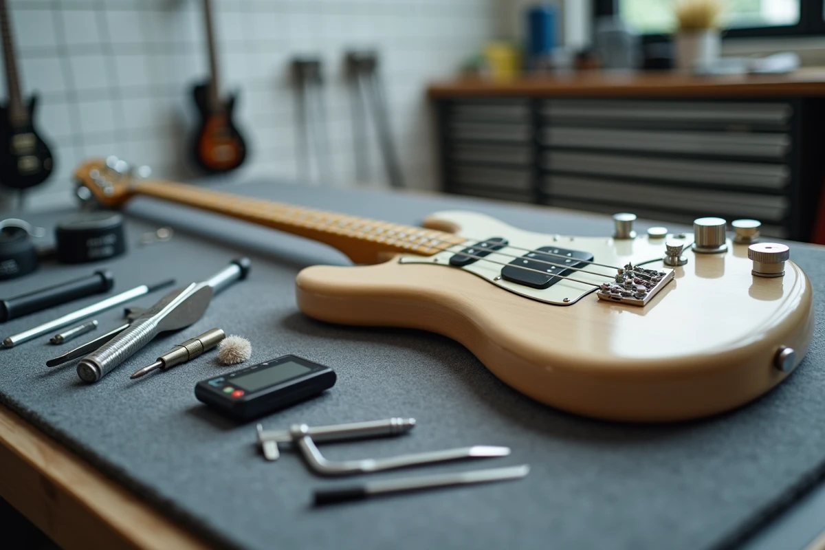 Outils de lutherie disposés autour d'une basse de précision sur un établi pour réglage de la lutherie
