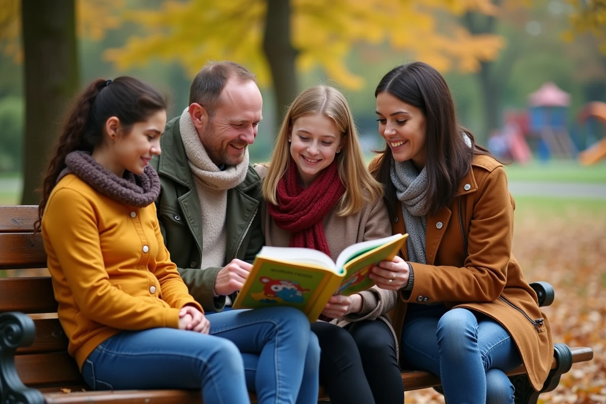 Parents regardant un livre Tchoupi dans un parc en automne
