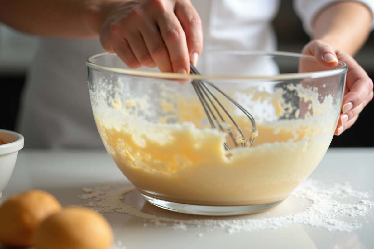 Mains préparant la pâte à choux dans un bol lumineux