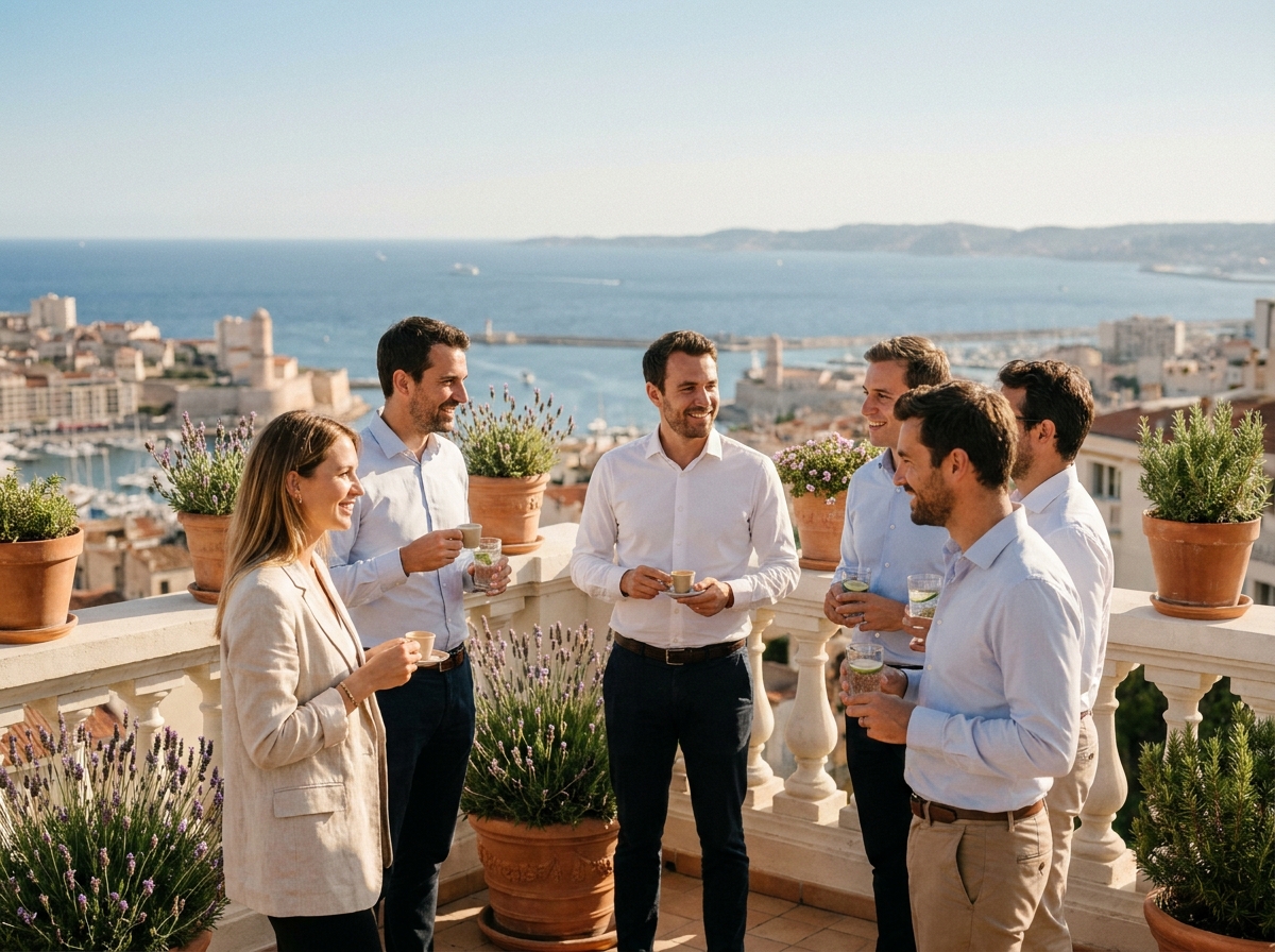 Pause café en équipe lors d'un séminaire professionnel sur une terrasse avec vue panoramique sur la mer Méditerranée à Marseille