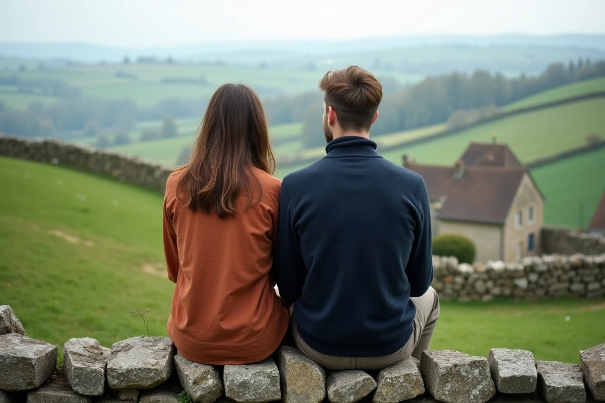 Couple assis sur un mur en pierre sèche contemplant le paysage rural et les collines verdoyantes autour de Saint-Goussaud en Creuse