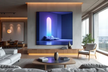 Salon moderne avec grande peinture futuriste abstraite aux tons néon sur un mur en béton, entouré de meubles scandinaves minimalistes en chêne naturel