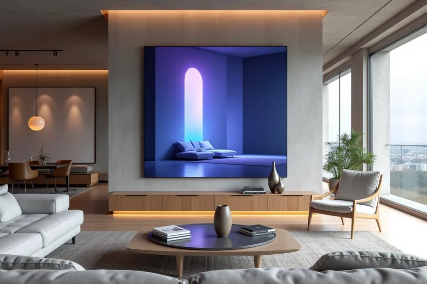 Salon moderne avec grande peinture futuriste abstraite aux tons néon sur un mur en béton, entouré de meubles scandinaves minimalistes en chêne naturel