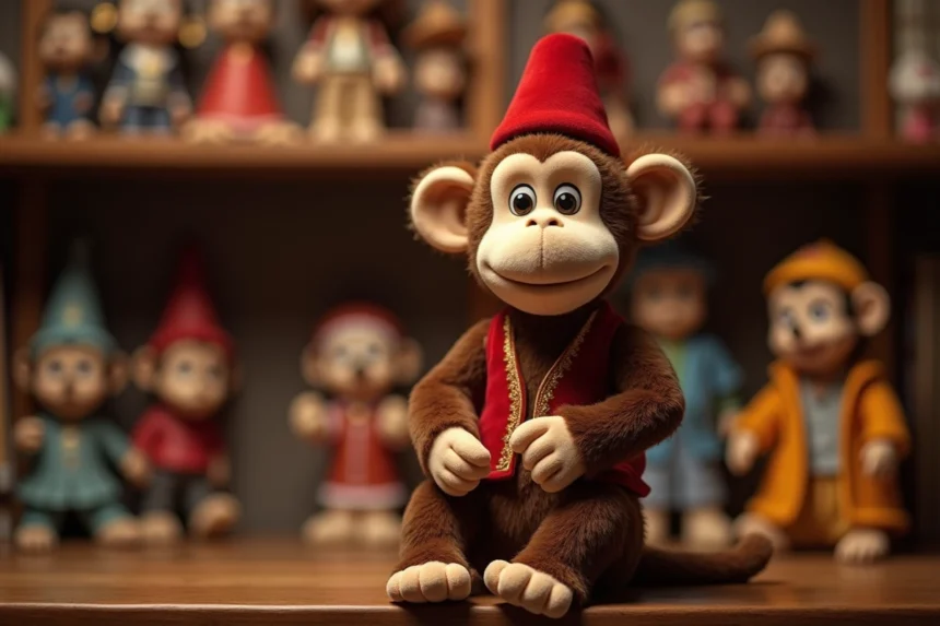 Peluche Abu de Aladdin Disney posée sur une étagère de collection avec figurines Disney en arrière-plan