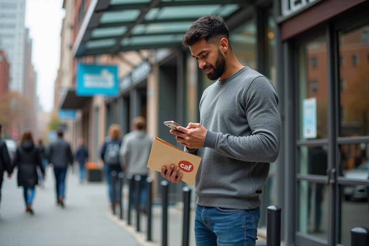 Jeune père vérifiant son téléphone devant un bâtiment social