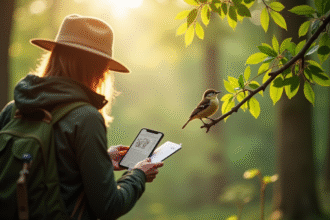 Personne dans la forêt lumineuse utilisant un guide pour identifier un oiseau