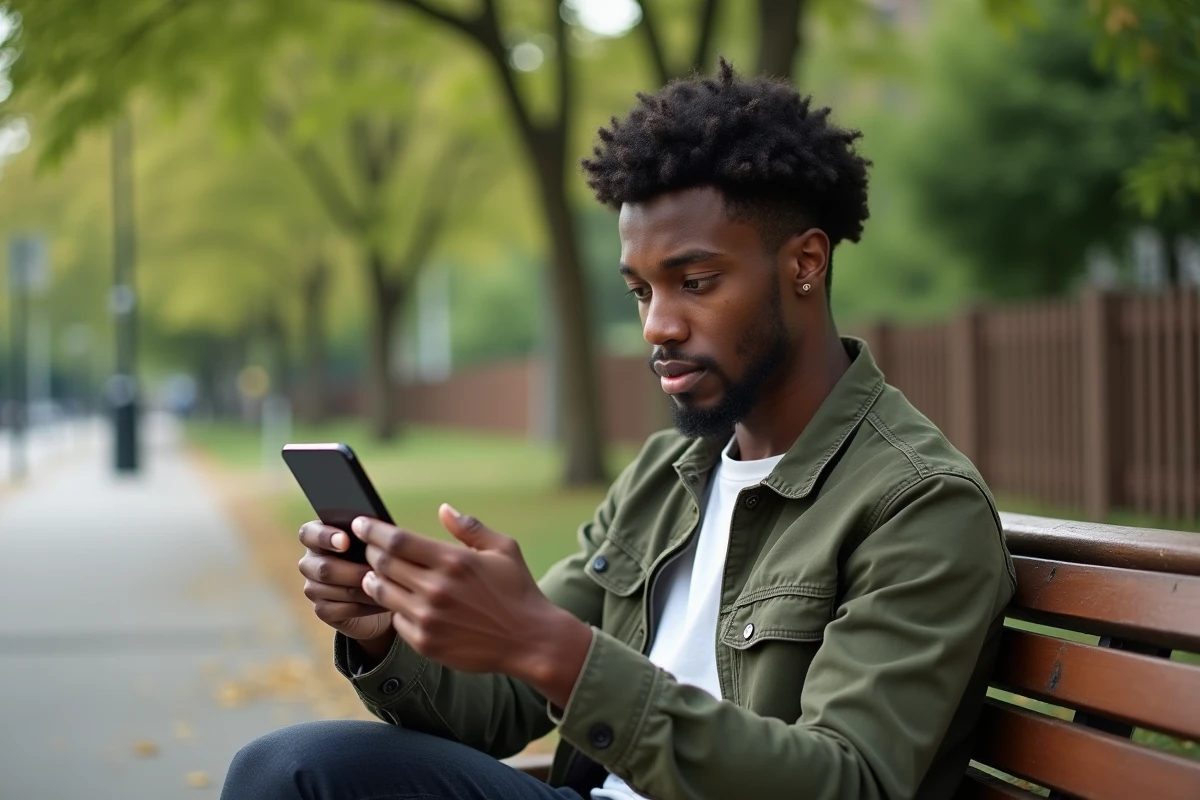 Personne dans un parc consultant les paramètres de photo de profil WhatsApp sur son téléphone