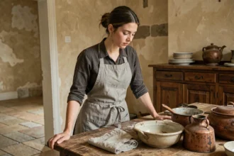 Jeune domestique française du XIXe siècle dans une cuisine bourgeoise, illustrant la condition sociale des bonnes à tout faire dans la littérature sociale française