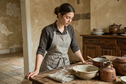 Jeune domestique française du XIXe siècle dans une cuisine bourgeoise, illustrant la condition sociale des bonnes à tout faire dans la littérature sociale française