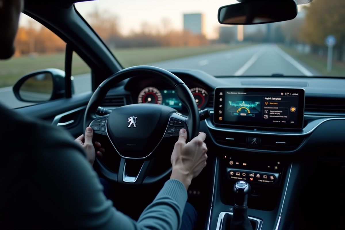 Intérieur de la Peugeot 308 hybride tableau de bord et mains du conducteur