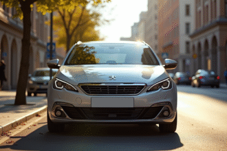 Peugeot 308 hybride stationnée en ville en journée