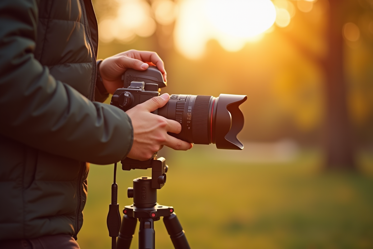 Photographe ajustant l'appareil en extérieur en lumière dorée