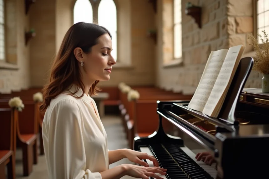 Pianiste jouant la partition de Let It Be lors d'une cérémonie de mariage dans une chapelle en pierre