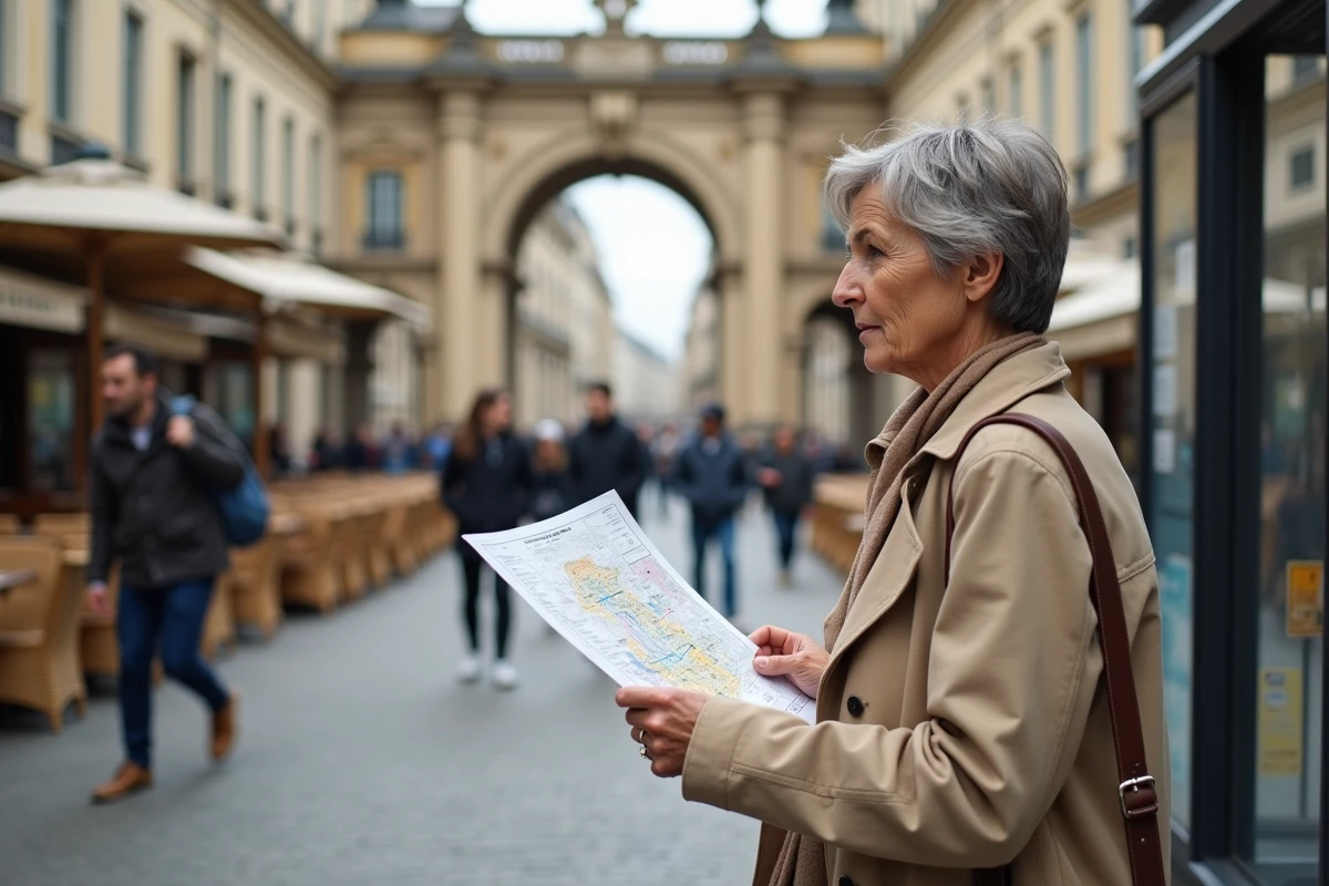 Femme consultant un plan du tramway de Bordeaux dans la zone piétonne de la Place de la Victoire