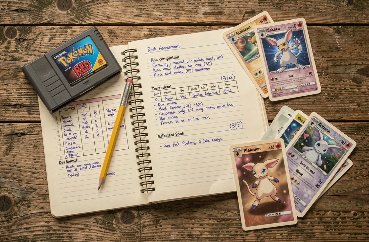 Vue aérienne d'une session de planification nuzlocke avec cartes Pokémon de type Psy, carnet de stratégie et cartouche de jeu sur table en bois