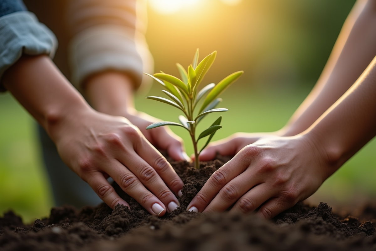 Deux mains plantant un jeune olivier dans la terre