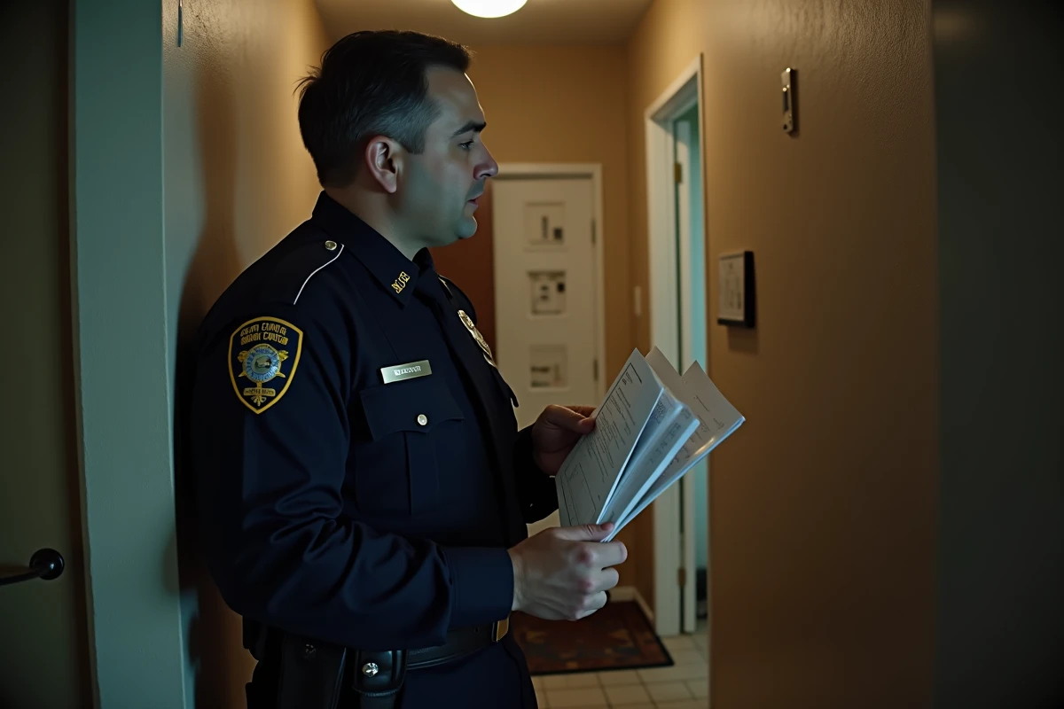 Agent de police remettant une amende pour tapage nocturne à la porte d'un appartement résidentiel