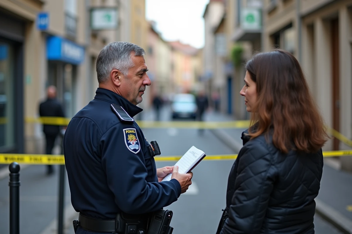 Policier de la Police Nationale interrogeant un témoin près du périmètre de sécurité d'un accident mortel survenu à Toulouse