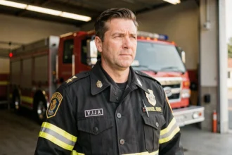 Pompier en tenue d'uniforme avec insignes de grade visibles dans une caserne de pompiers