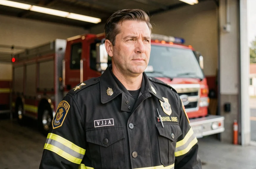 Pompier en tenue d'uniforme avec insignes de grade visibles dans une caserne de pompiers