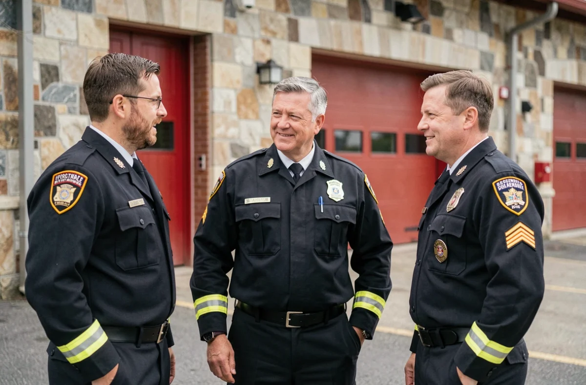 Groupe de pompiers avec différents grades discutant devant l'entrée d'une caserne