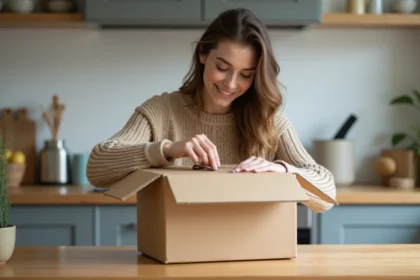 Femme préparant un colis de retour produit à la maison en plaçant un article dans une boîte carton sur une table en bois