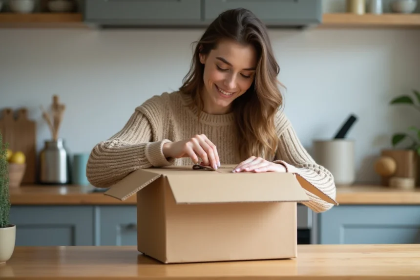 Femme préparant un colis de retour produit à la maison en plaçant un article dans une boîte carton sur une table en bois