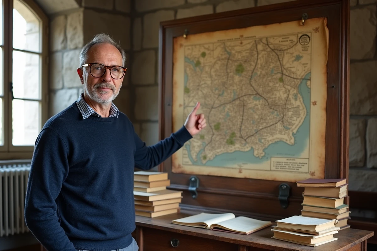 Professeur d'histoire expliquant la définition d'un faubourg devant une carte ancienne en salle de cours