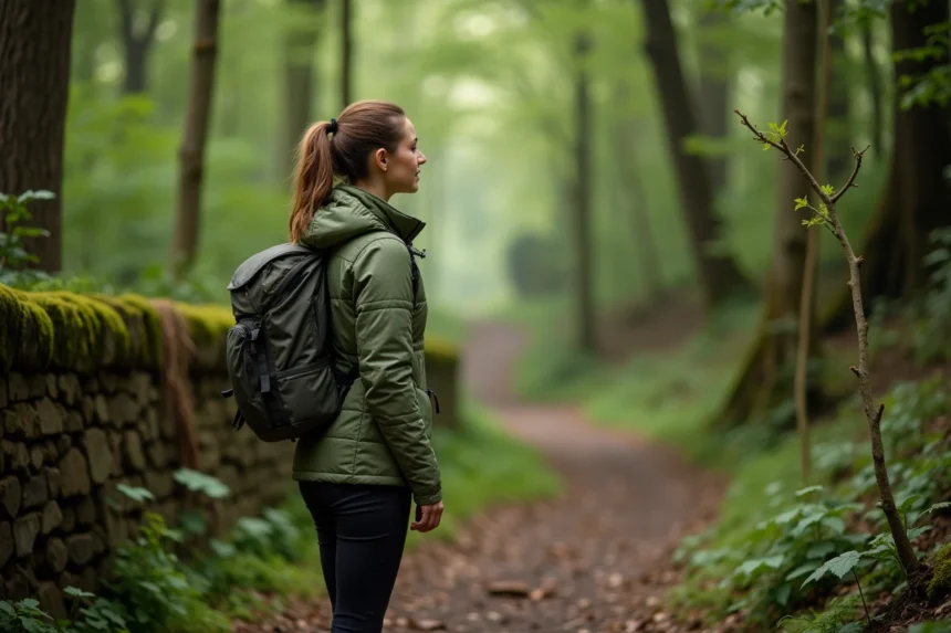 Femme en randonnée sur un sentier forestier près de Saint-Goussaud en Creuse, entourée de chênes et de châtaigniers en pleine nature