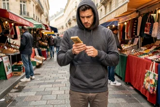 Jeune homme examinant attentivement un produit authentique dans un marché parisien, cherchant à distinguer l'original des contrefaçons