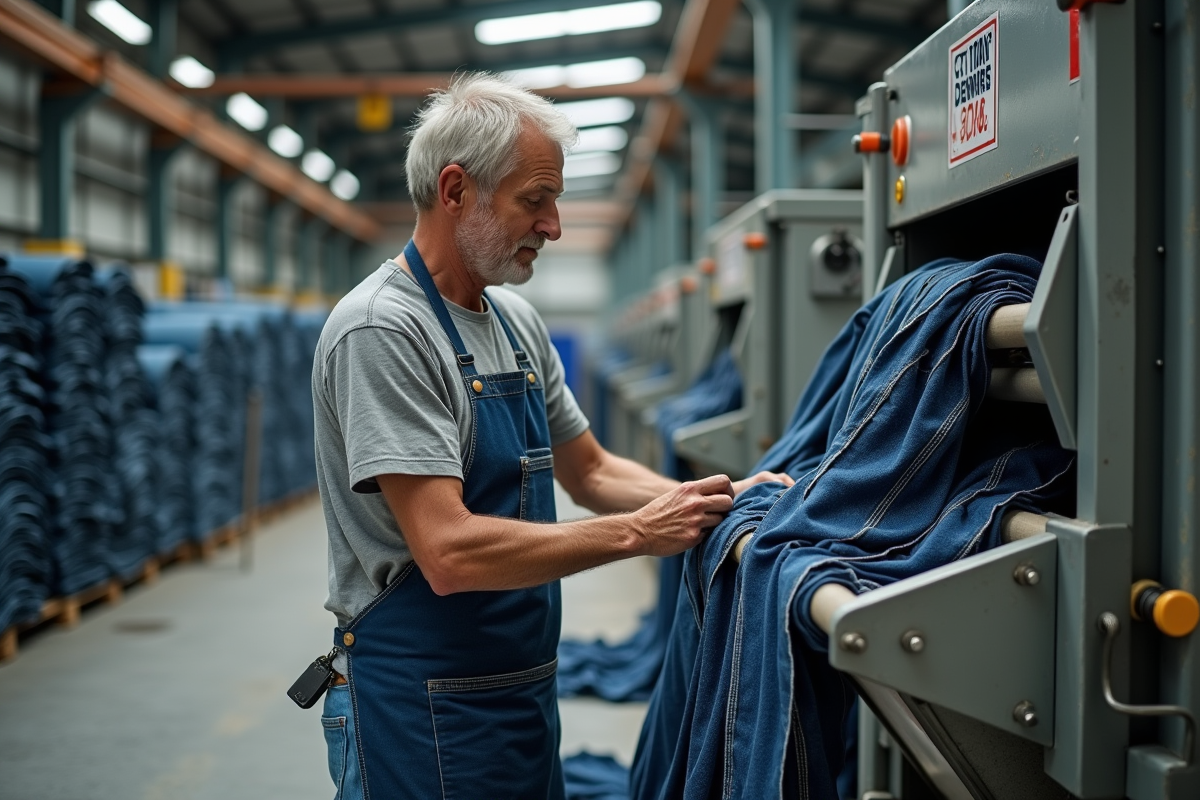 Homme recyclant du denim dans une usine avec machine industrielle
